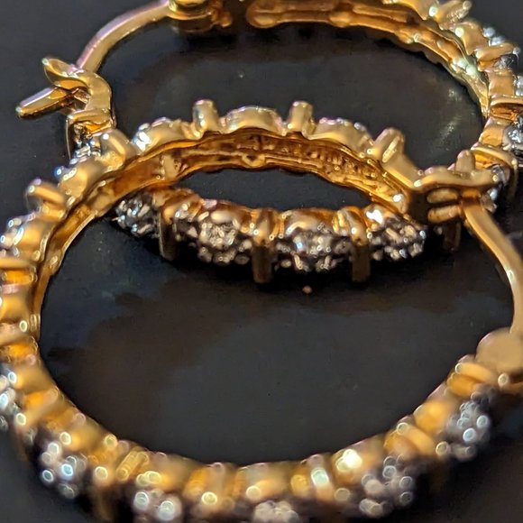 Genuine diamond accents in 18k yellow gold over sterling silver hoops - Picture 5 of 9